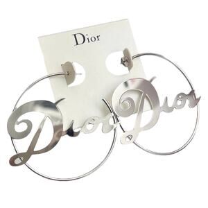 AUTH VTG Christian Dior Silver HUGE Script Spellout Logo Hoop Earrings